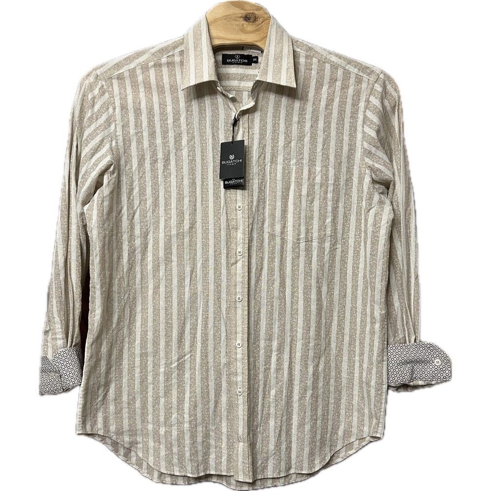 Bugatchi Udmo‎ Size XXL Cotton Striped Button Long Sleeve Shirt Sand Beige Black